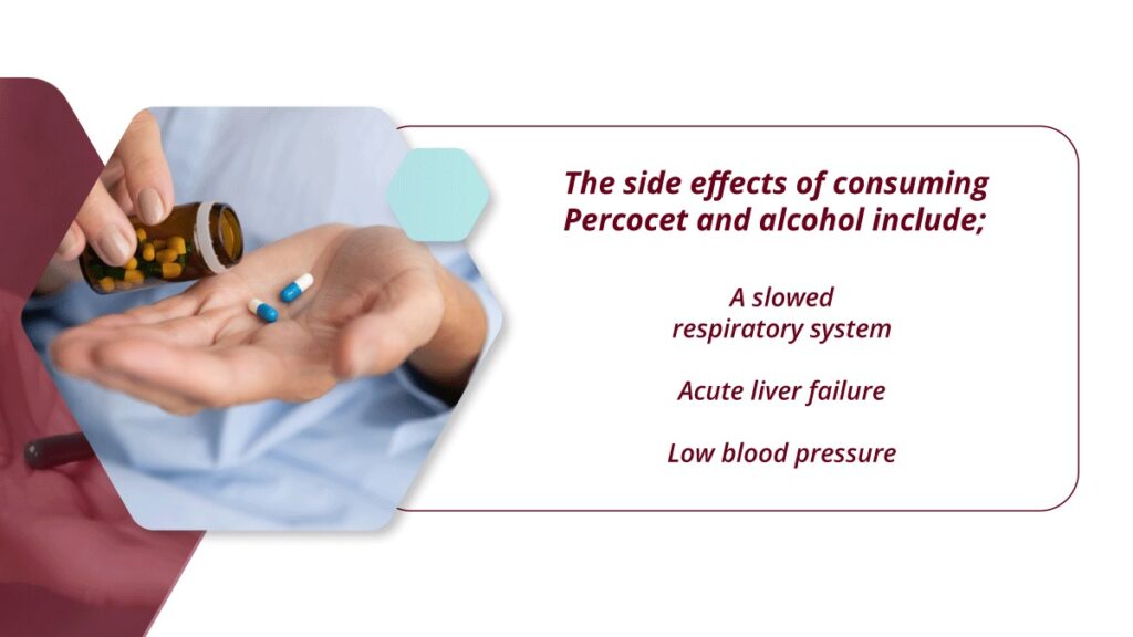 The side effects of consuming Percocet and alcohol include: a slowed respiratory system, acute liver failure, and low blood pressure.
