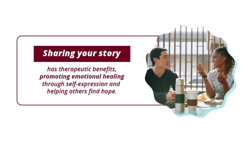 Man and woman sharing addiction stories over coffee. Sharing your story has therapeutic benefits and promotes emotional healing