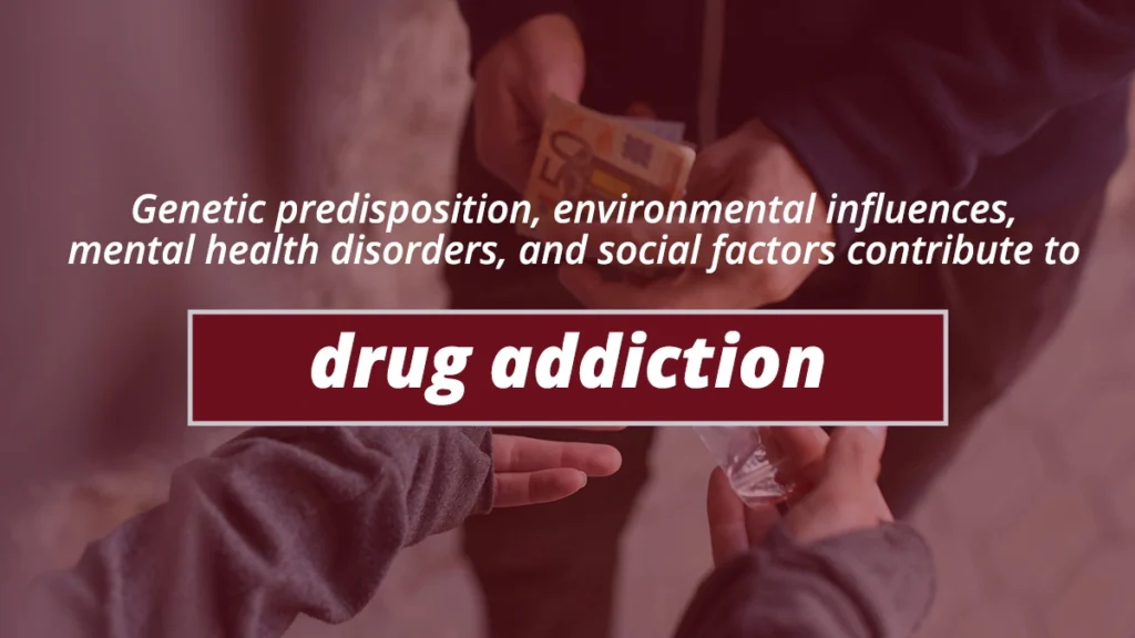 Image of a street drug deal. Graphic explains factors which contribute to drug addiction