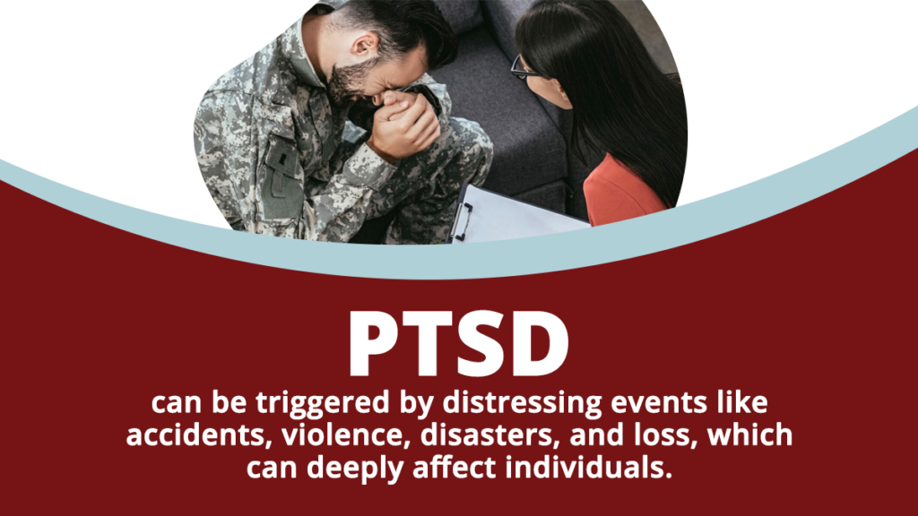 Man in army fatigues, crying with a therapist. PTSD can be triggered by distressing events like accidents, violence, disasters, and loss.