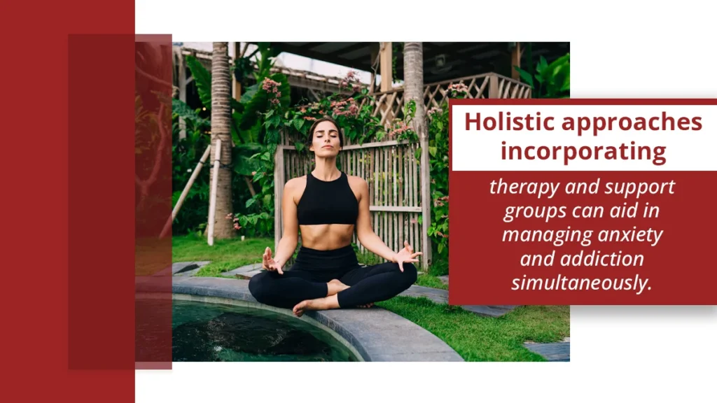 Woman meditating by a pool. Text explains how holistic treatments can be used to treat anxiety and addiction.