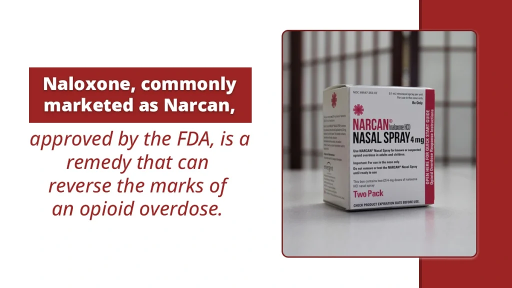 Box of Narcan Nasal Spray on a countertop. Naloxone, commonly marketed as Narcan, is a remedy that can reverse an opioid overdose.