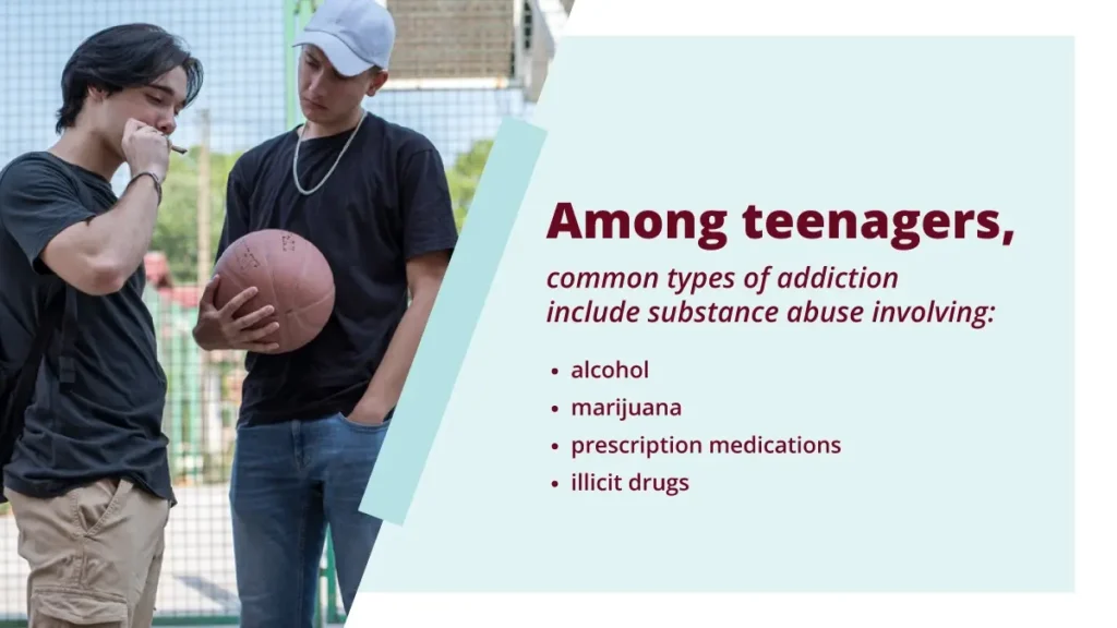 Two teenage boys on an outdoor basketball court, one smokes something. Common addictions in teenagers include alcohol and marijuana.