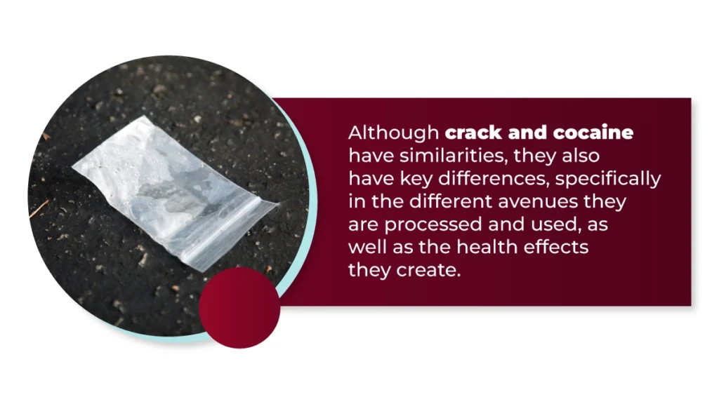 Empty dime bag on the pavement. White text on a red background explains that crack and cocaine have key differences.
