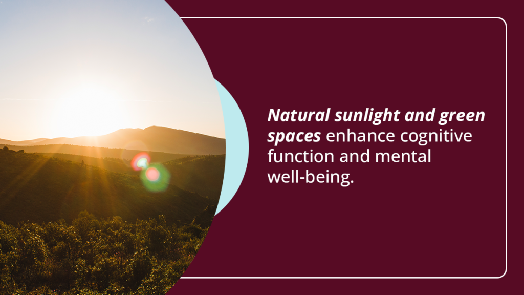 Sunrise over a mountainscape. Natural sunlight and green spaces enhance cognitive functioning and well-being.