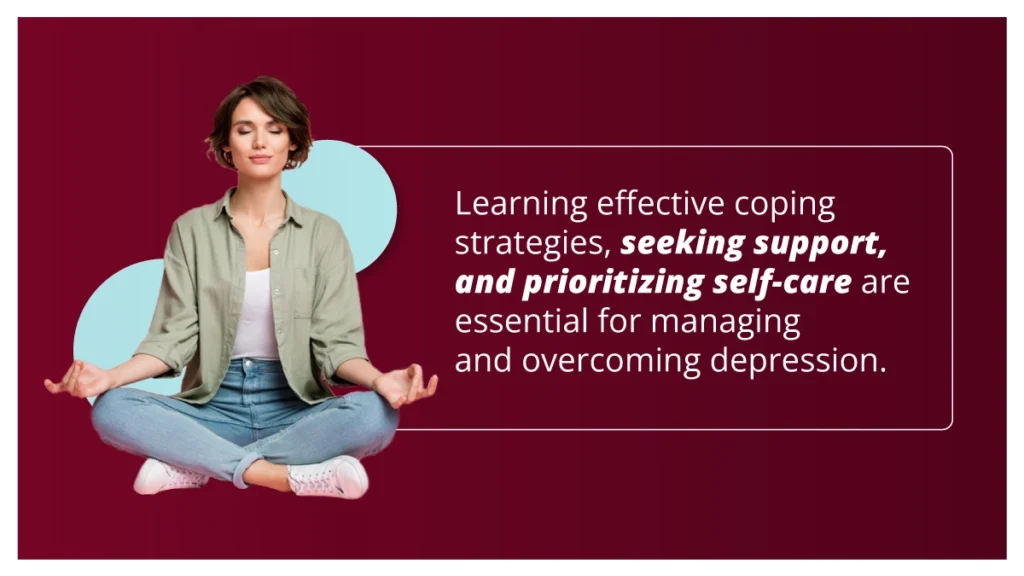 Woman meditating. White text on a maroon background explains methods for managing and coping with depression.
