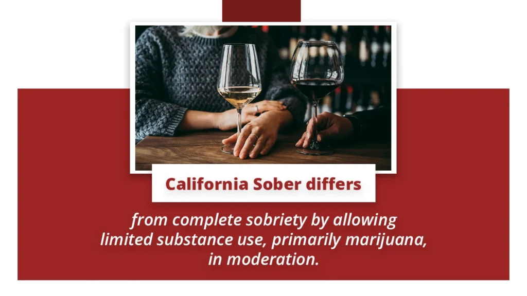 Closeup of two people at a table with wine glasses. California Sober differs from complete sobriety by allowing limited substance use.
