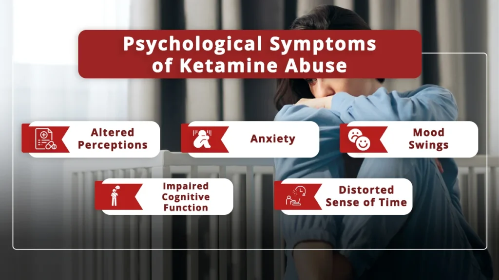 Woman sitting on the floor in front of a crib. Red and white text overlay explains the psychological symptoms of ketamine abuse.
