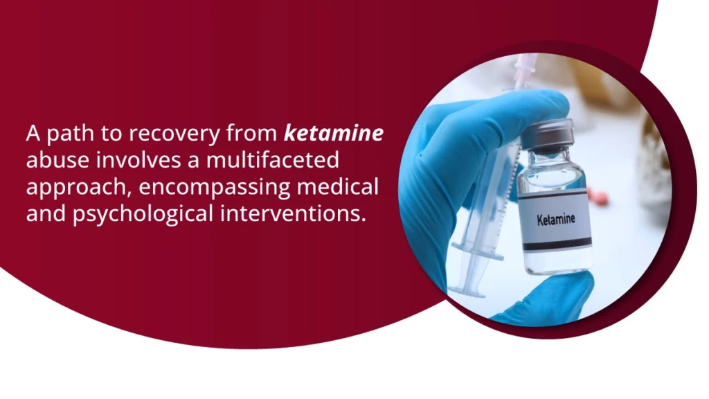 Person wearing blue gloves holding a vial of ketamine and a syringe. Recovery from ketamine abuse involves a multifaceted approach.