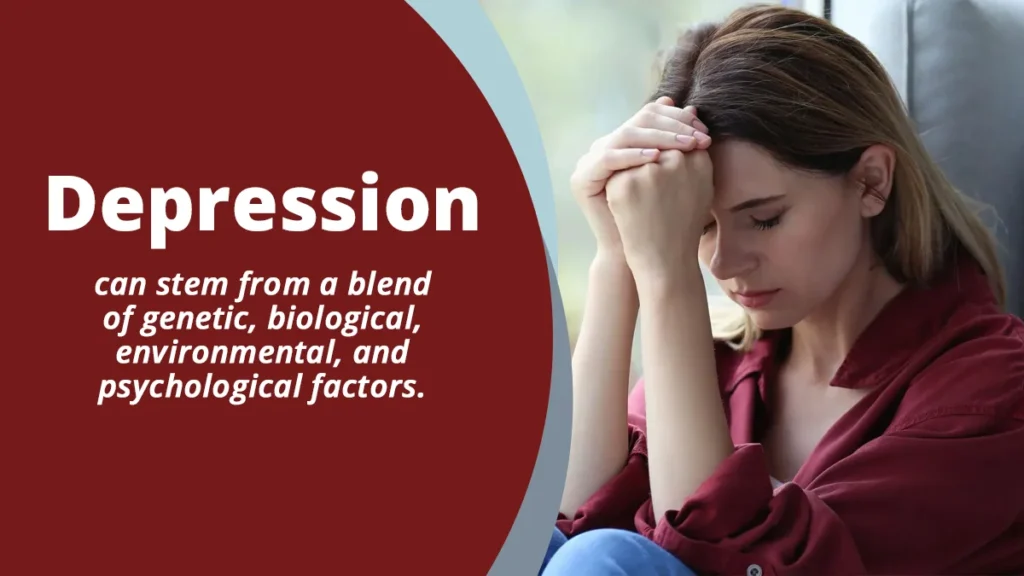 Woman sitting next to a window. Depression can stem from a blend of genetic, biological, environmental, and psychological factors.
